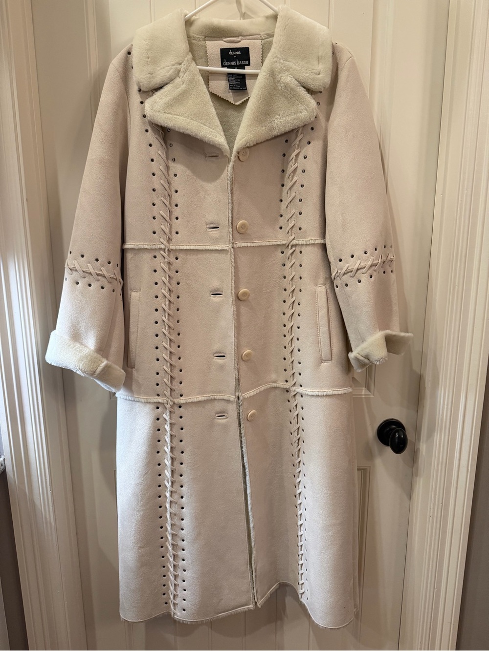 dennis basso Cream Shearling-Trim Long Trench Coat